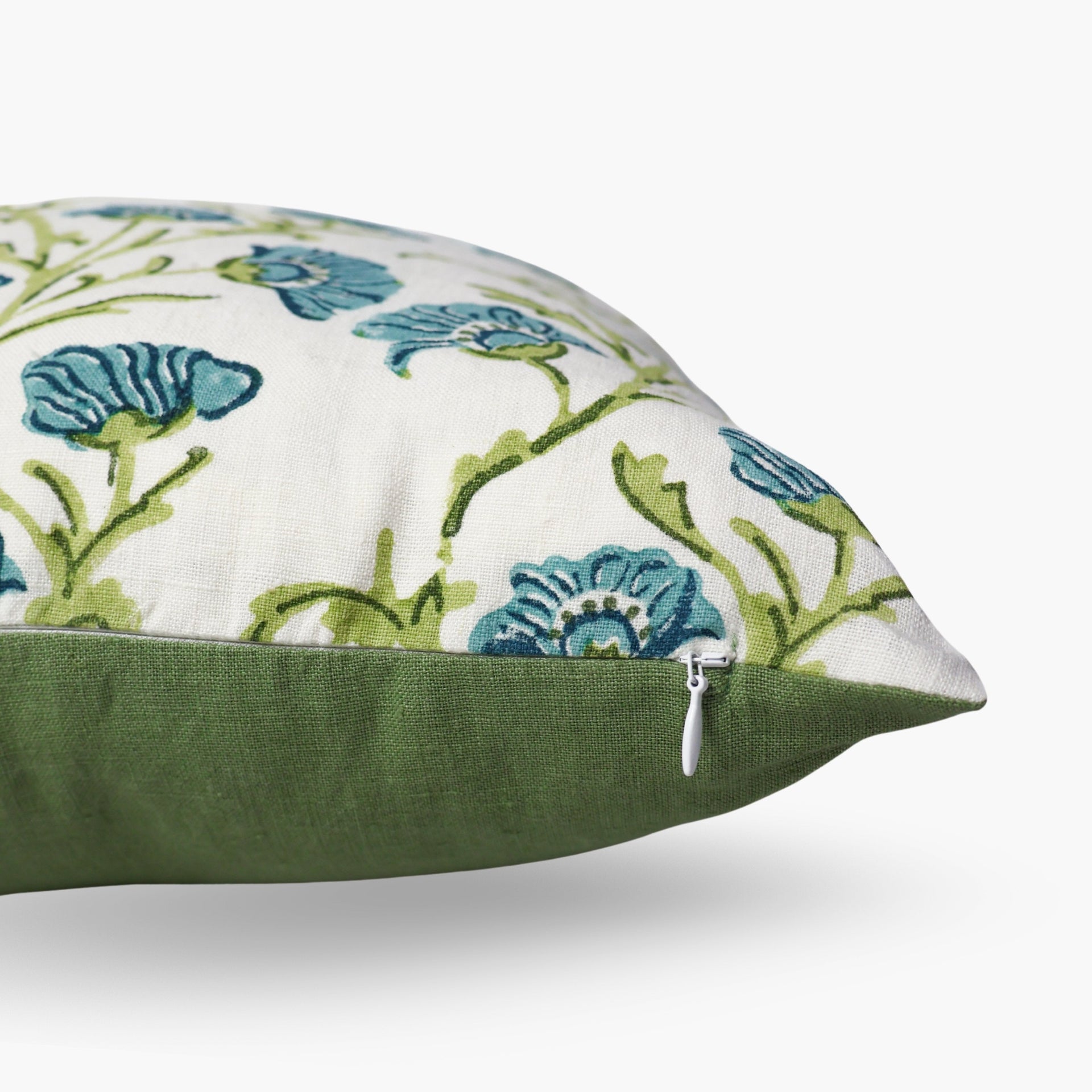 Bella Floral Linen Throw Pillow Cover in Olive Green & Blue