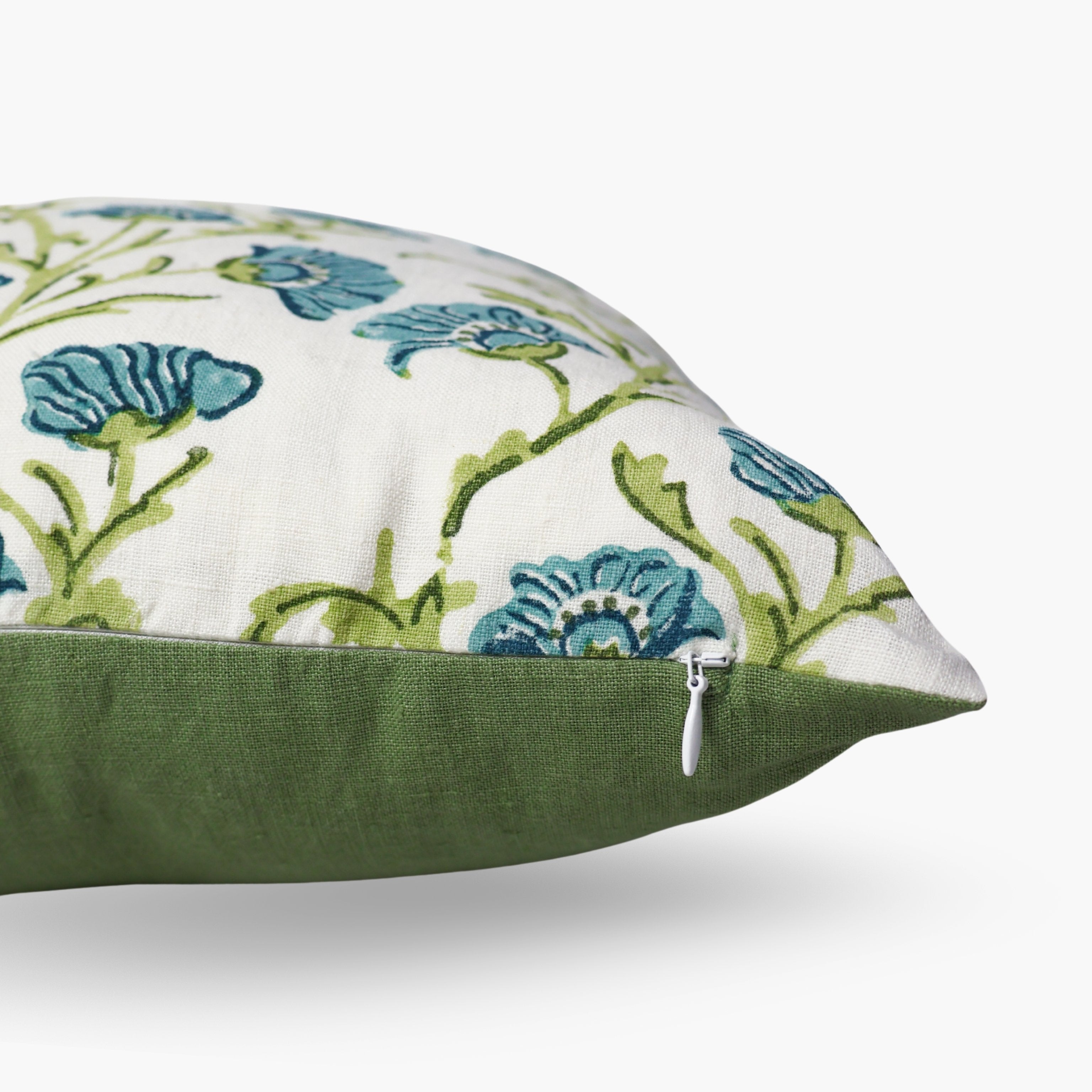 Bella Floral Linen Throw Pillow Cover in Olive Green & Blue