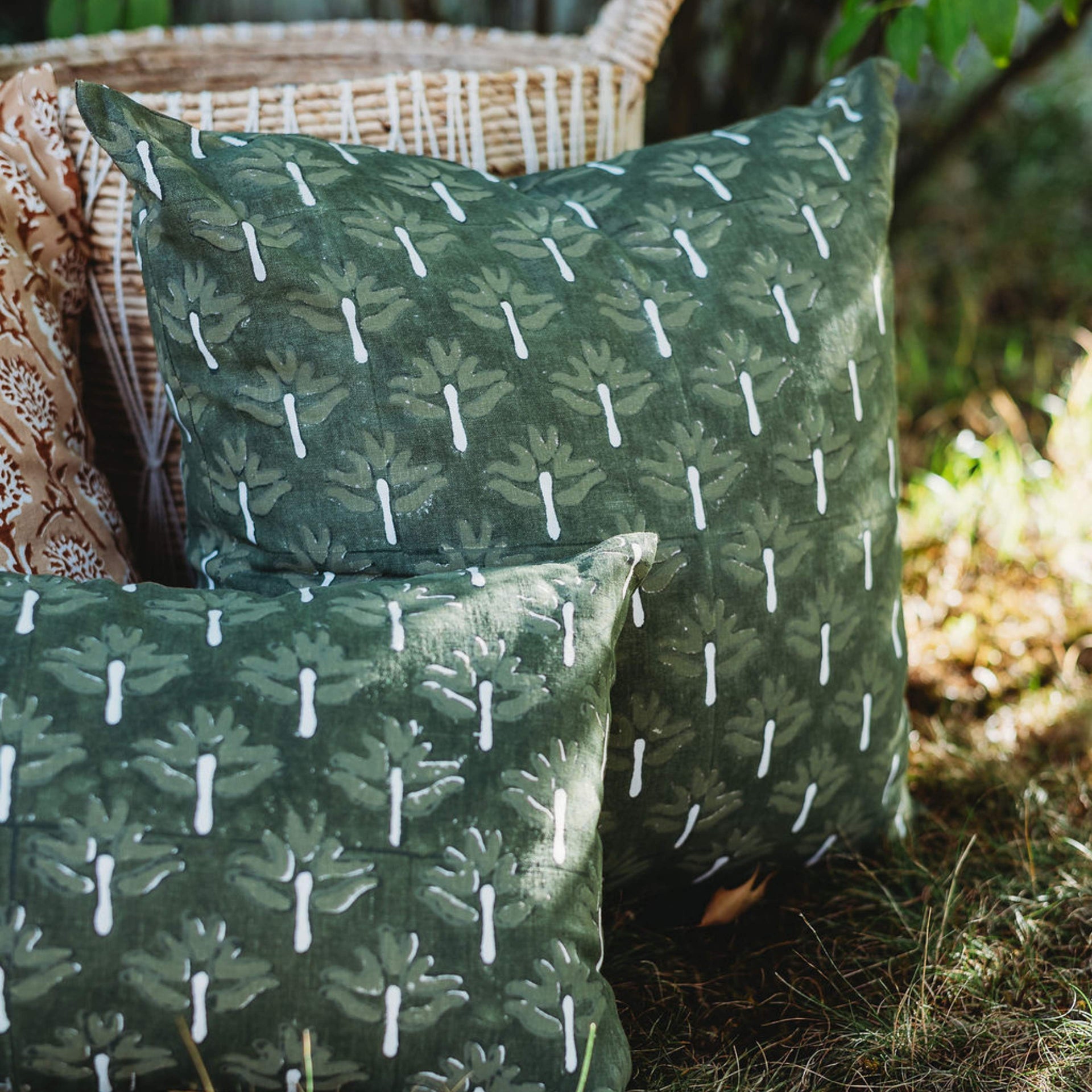 Zeenat Chive Green Geometric Throw Pillow Cover in Linen