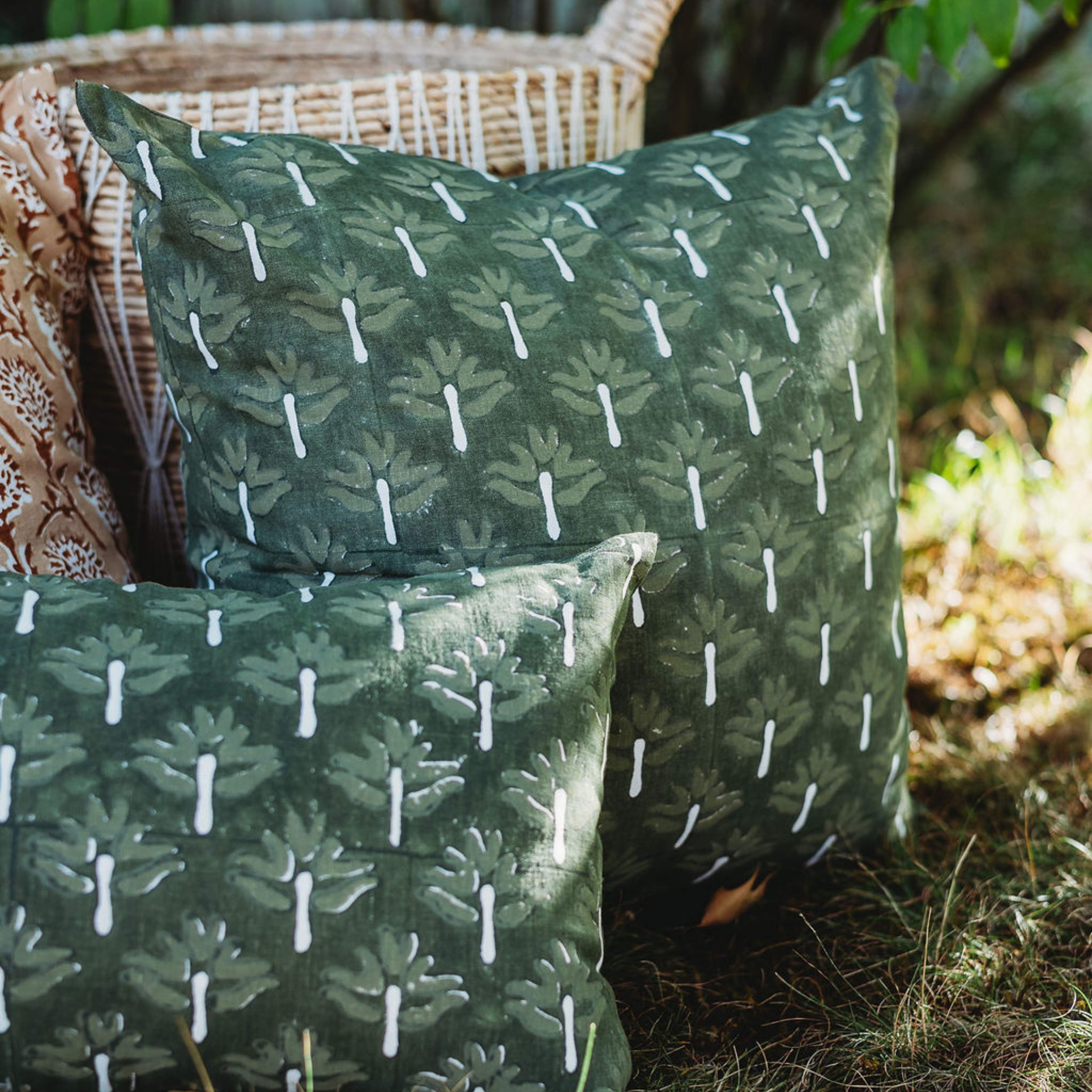 Zeenat Chive Green Geometric Throw Pillow Cover in Linen