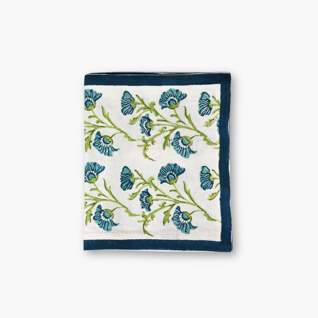 Bella hand-printed pure linen table runner in olive green and blue with floral vine motifs