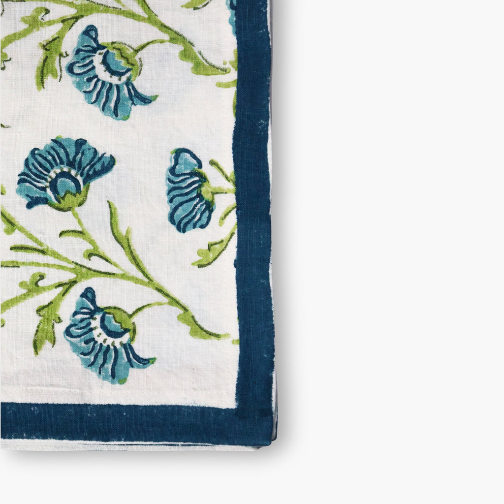 Bella Hand-Printed Pure Linen Table Runner - Olive Green & Blue