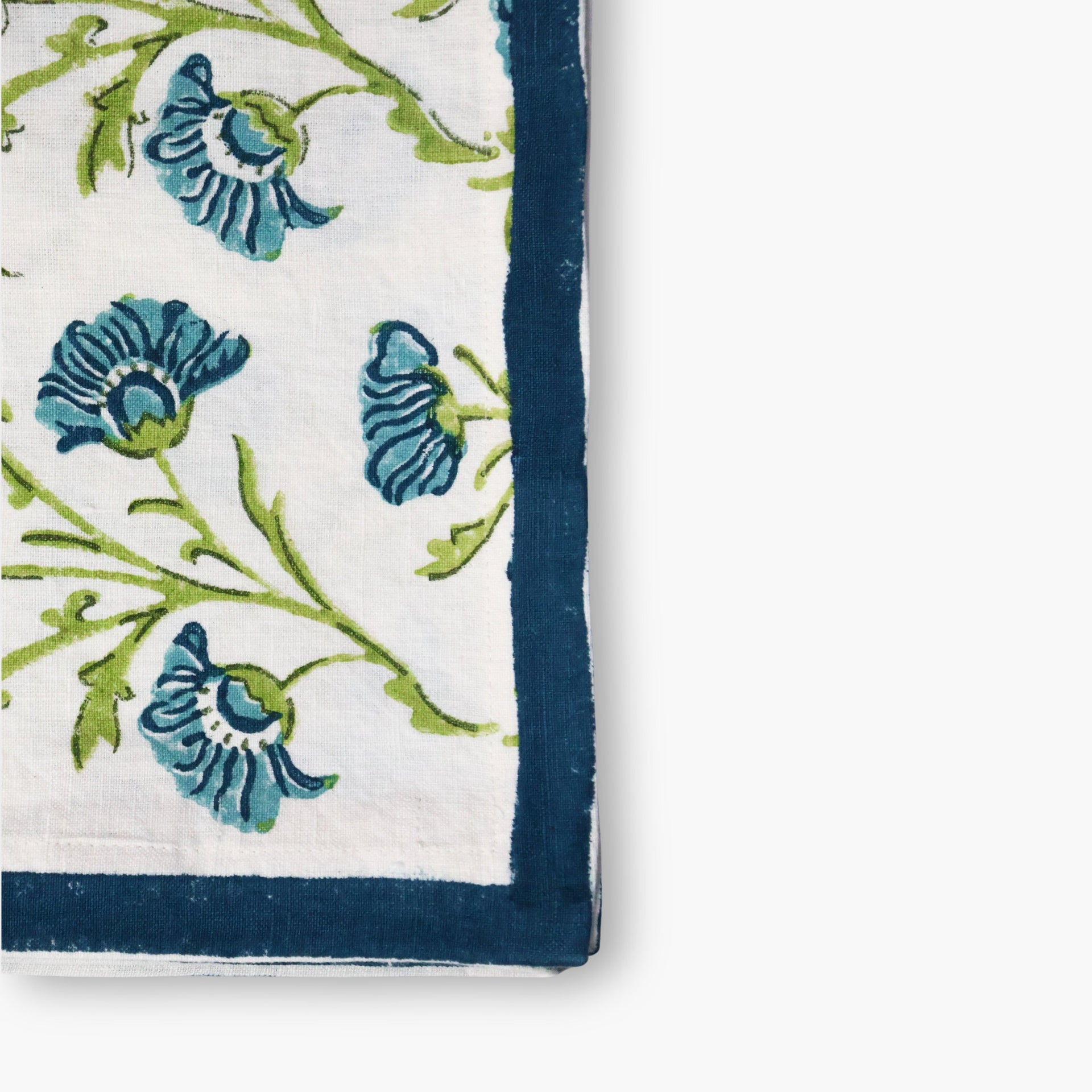 Bella Hand-Printed Pure Linen Table Runner - Olive Green & Blue