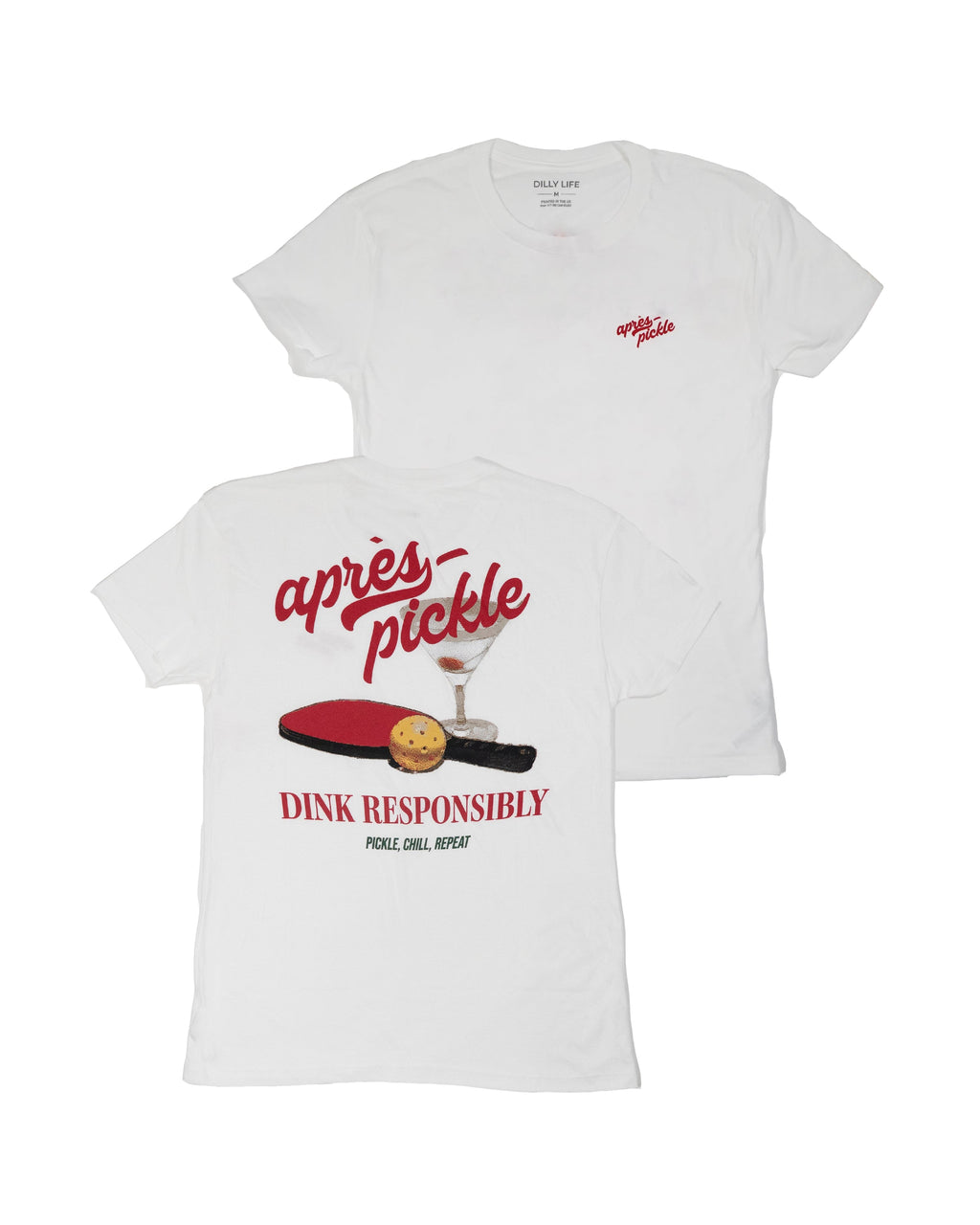 Front and back view of the Women's Dink Responsibly graphic tee in white and heather blue.