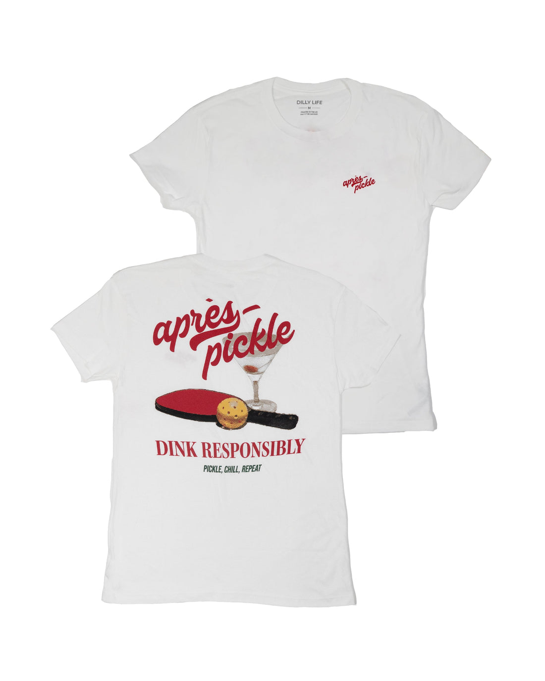 Front and back view of the Women's Dink Responsibly graphic tee in white and heather blue.