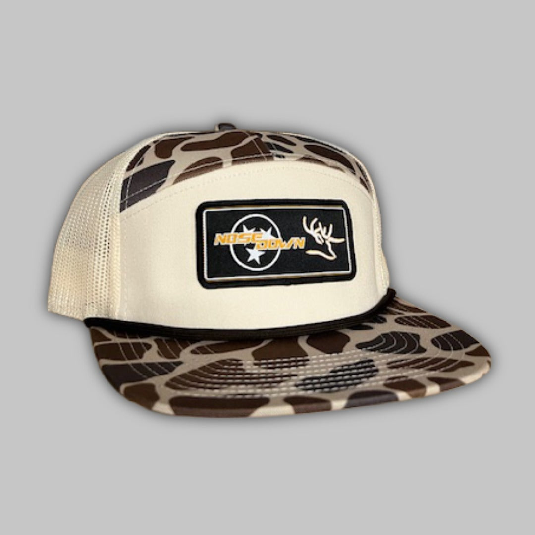 TN Tri Star Black Orange 7 Panel hat with structured woven design
