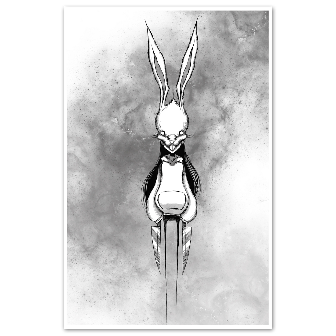A graphic illustration of a stylized rabbit character on white paper, 11x17 inch poster.