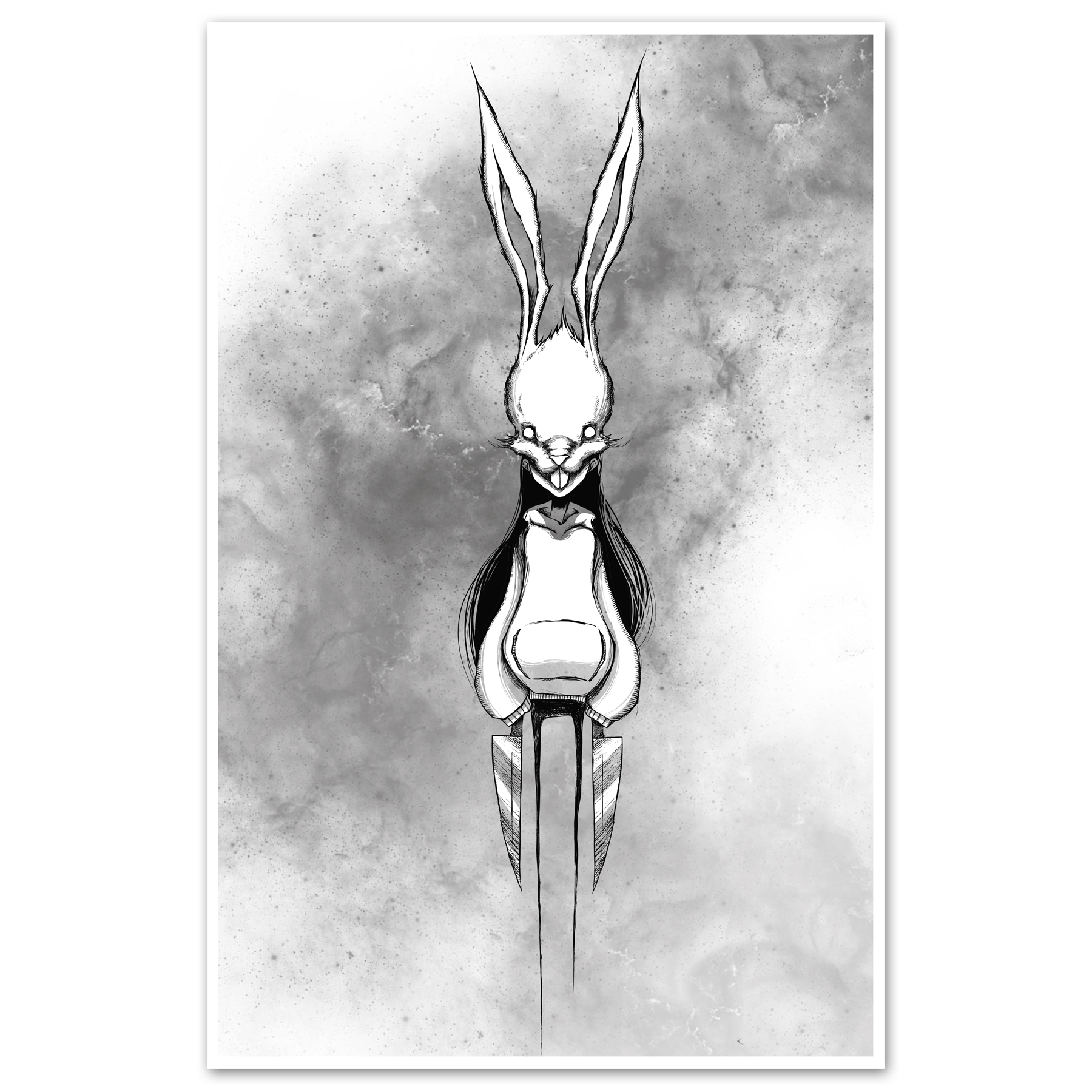 A graphic illustration of a stylized rabbit character on white paper, 11x17 inch poster.