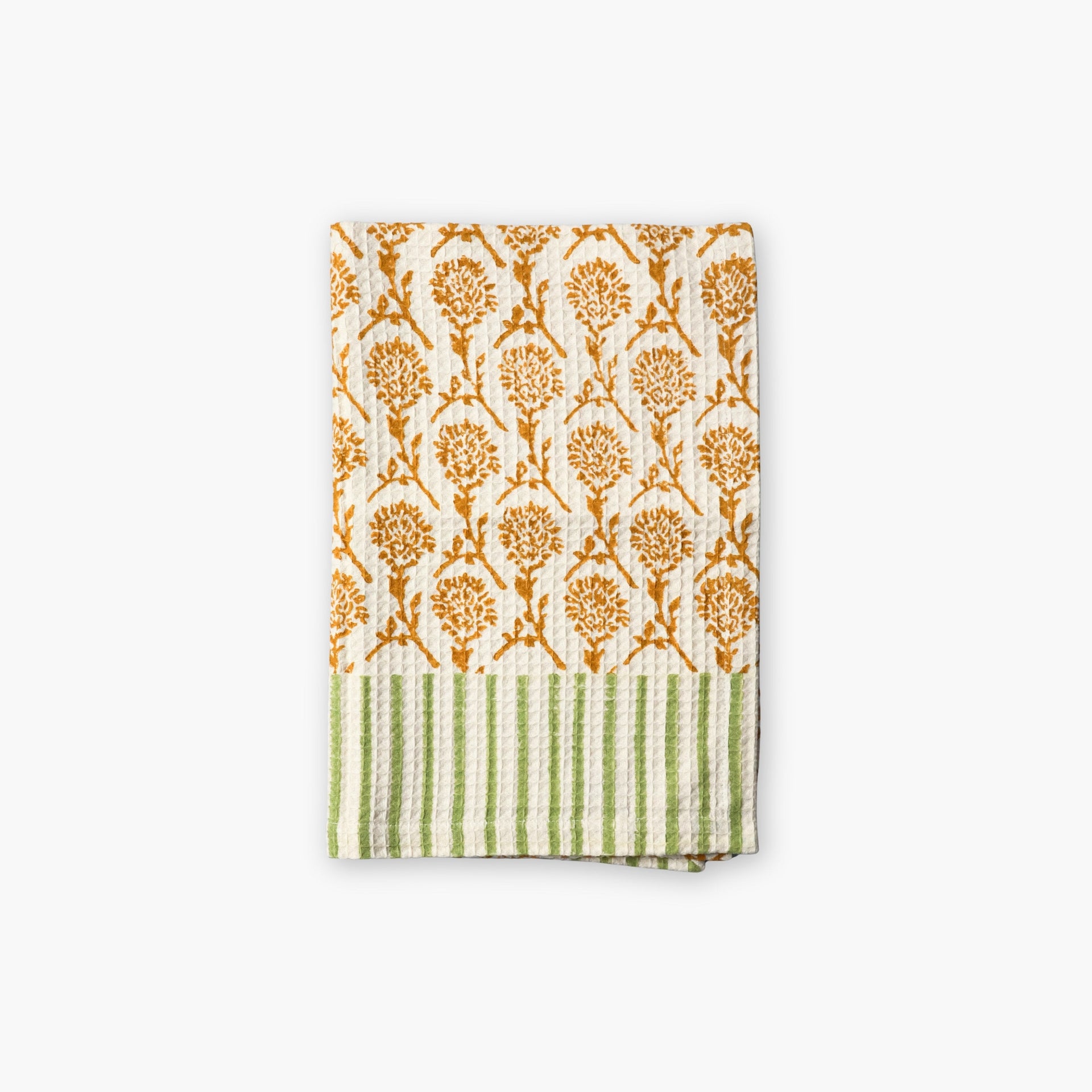 Nikhar organic cotton waffle weave kitchen towel in tawny orange with paragon stripes