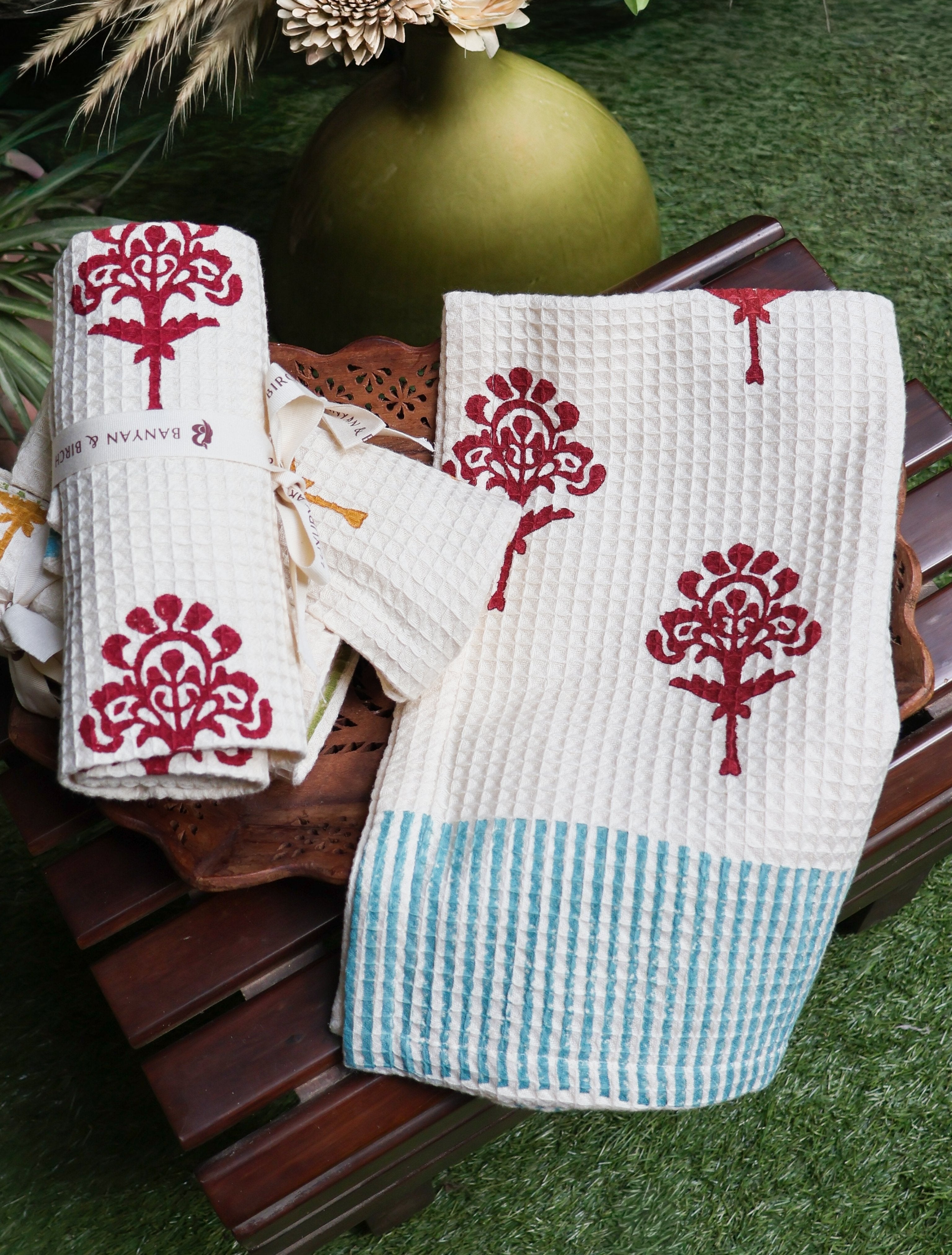 Harmony Waffle Kitchen Towels in Red Dahlia Organic Cotton