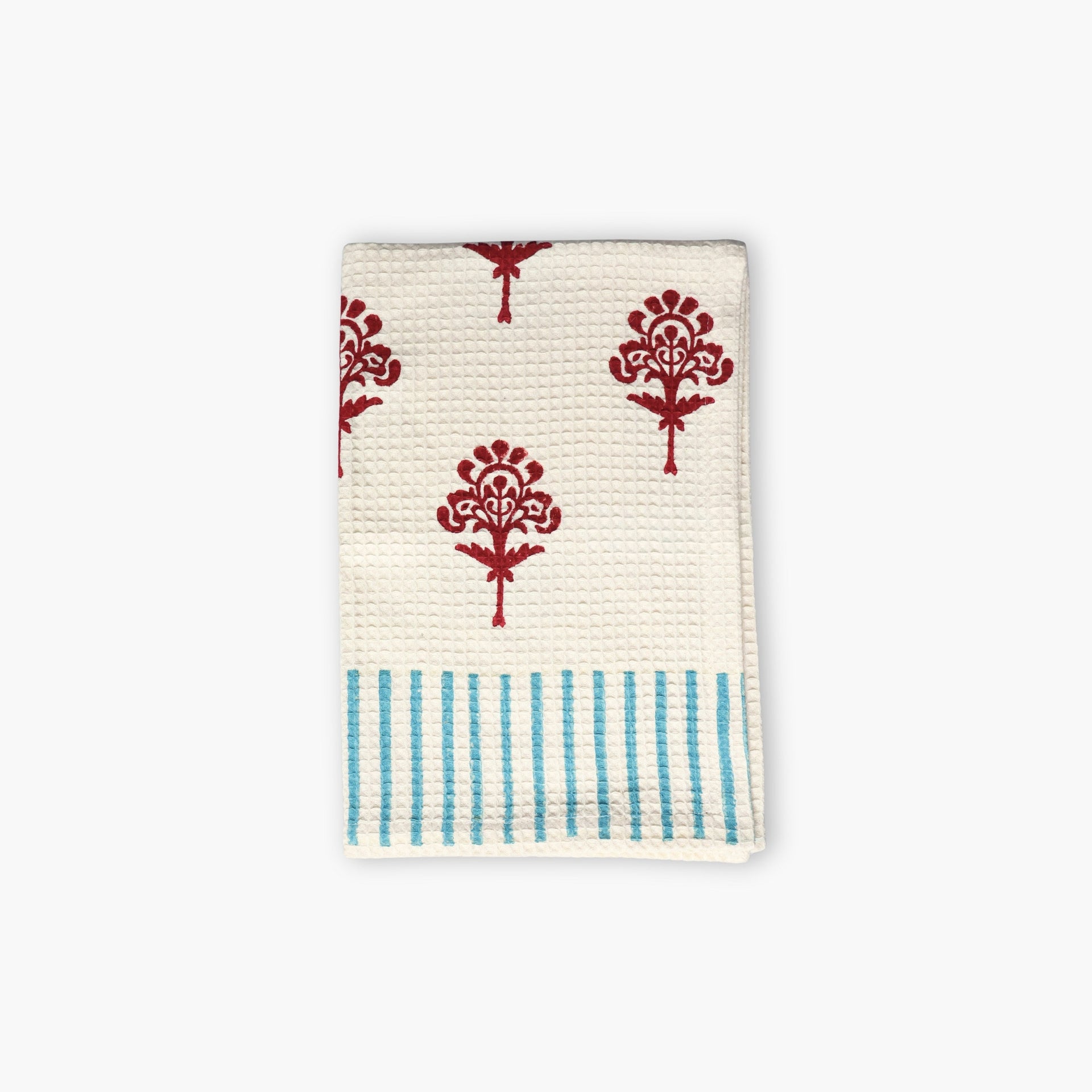 Harmony cotton waffle kitchen towels in Red Dahlia with artisan hand-block print details