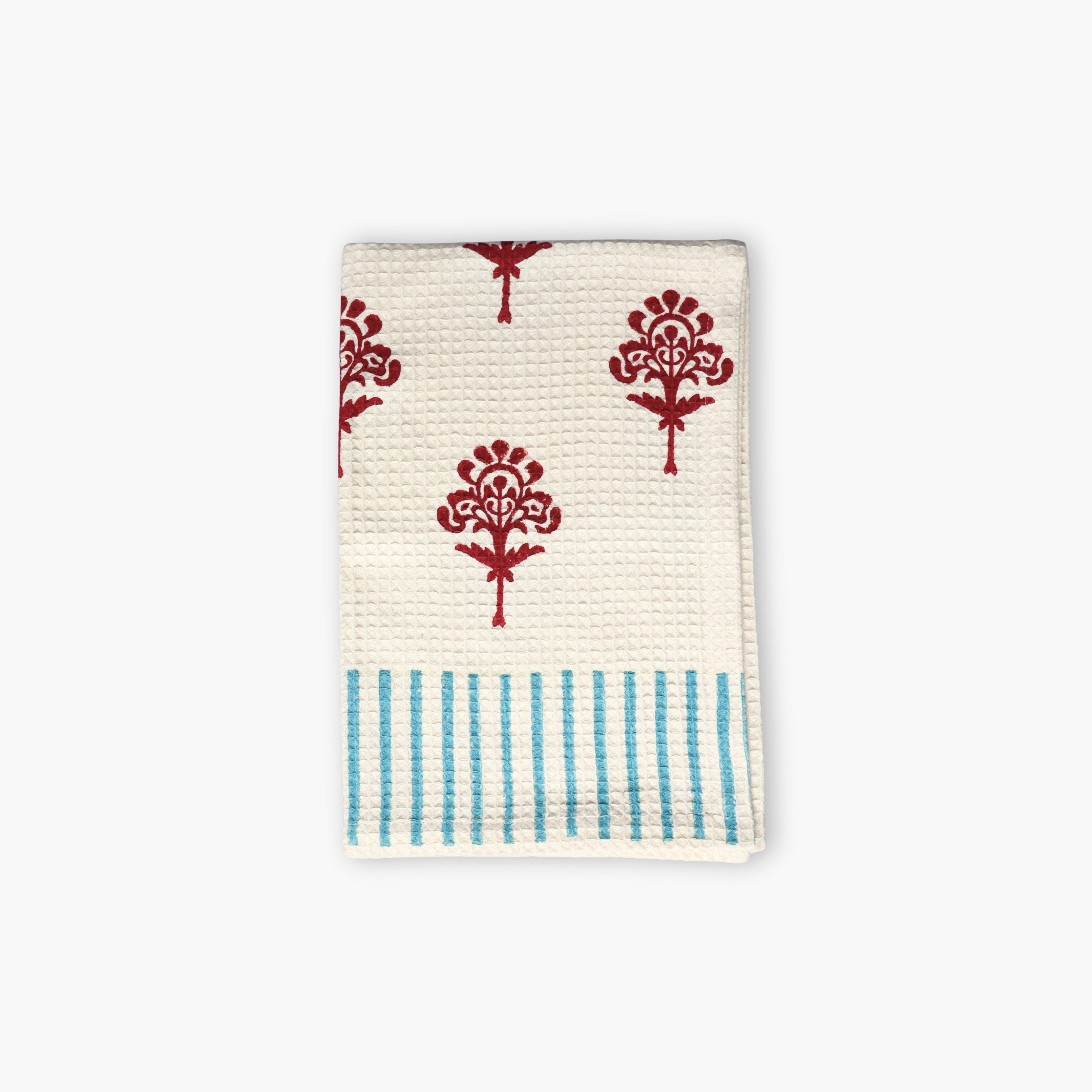 Harmony cotton waffle kitchen towels in Red Dahlia with artisan hand-block print details