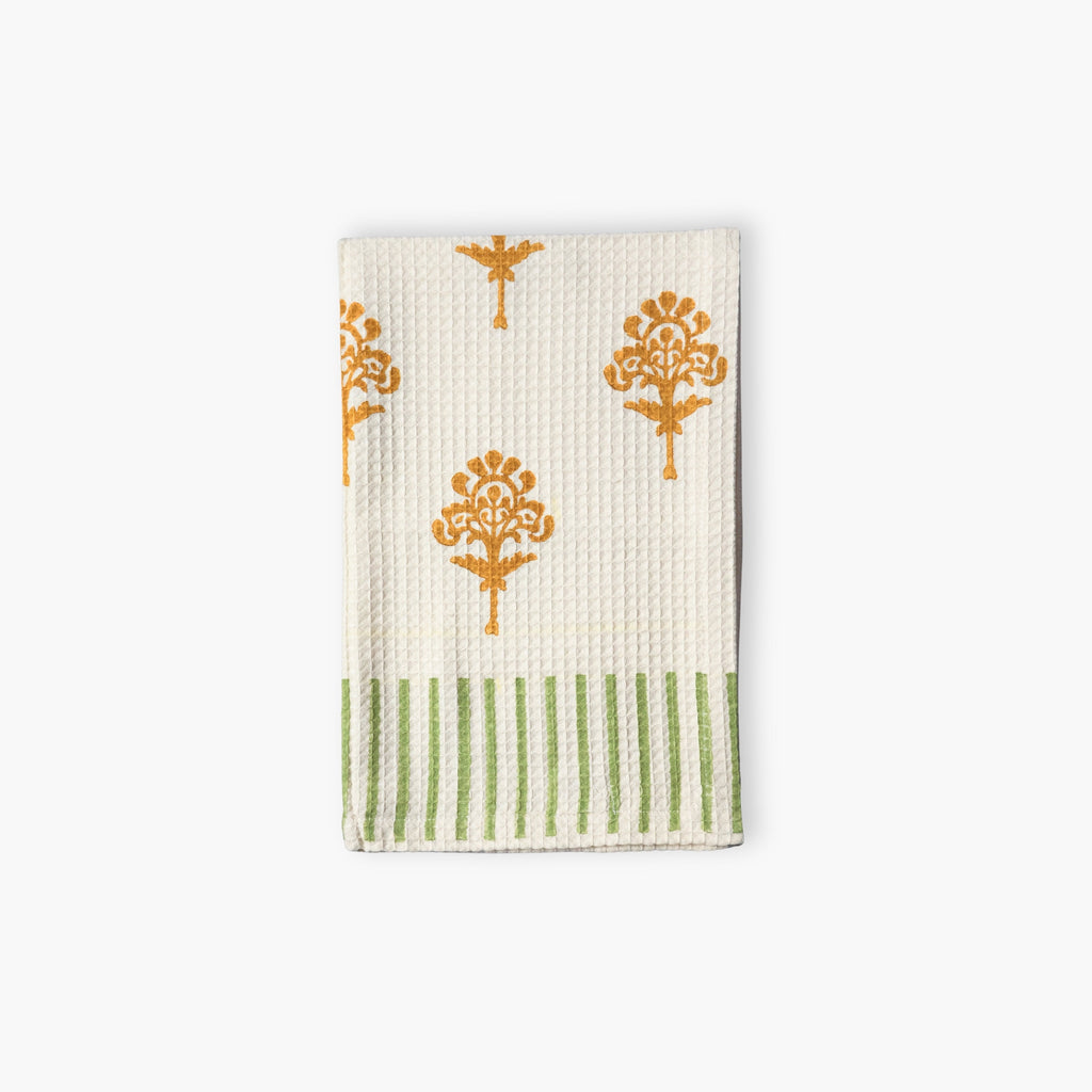 Tawny Orange waffle weave organic cotton kitchen towel with hand-block print detail