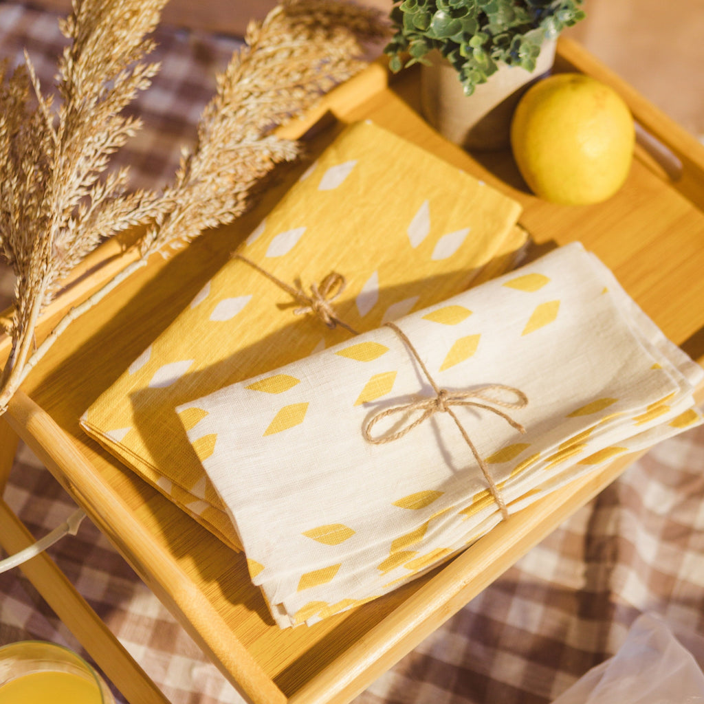 Pure Linen Table Napkins Set of 2 in White Mustard Geometric