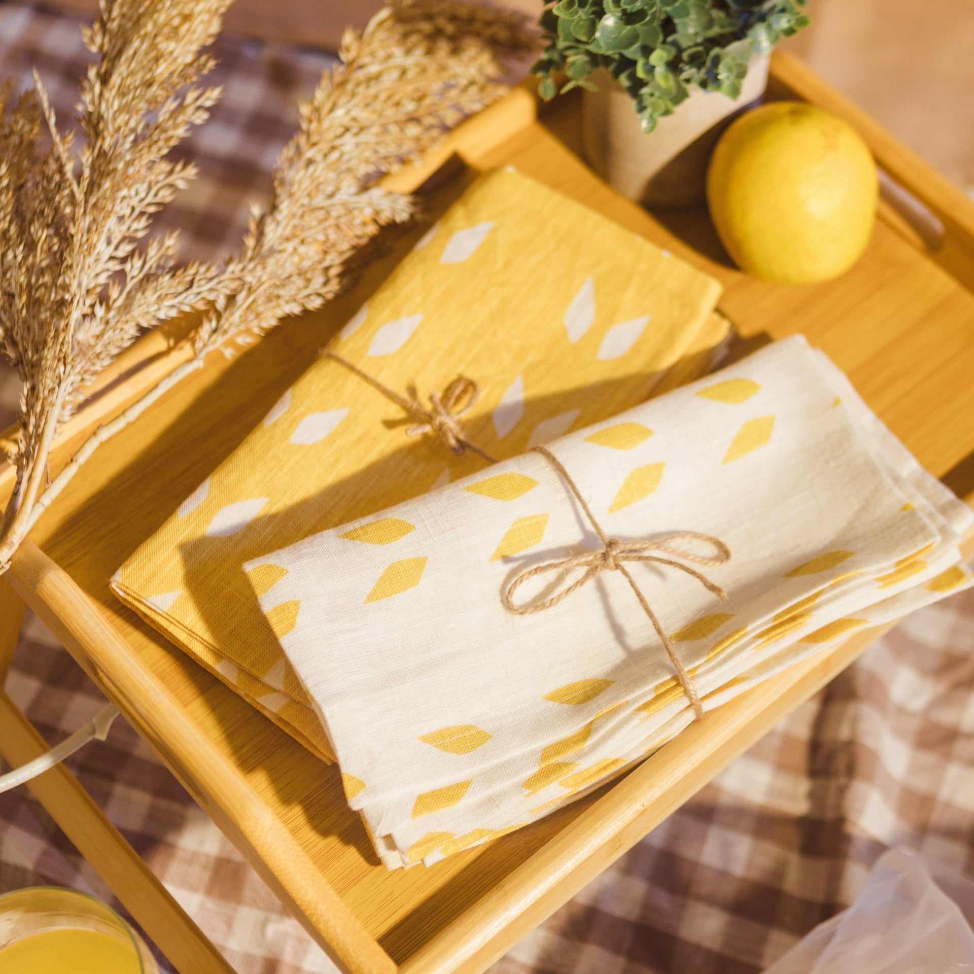 Pure Linen Table Napkins Set of 2 in White Mustard Geometric