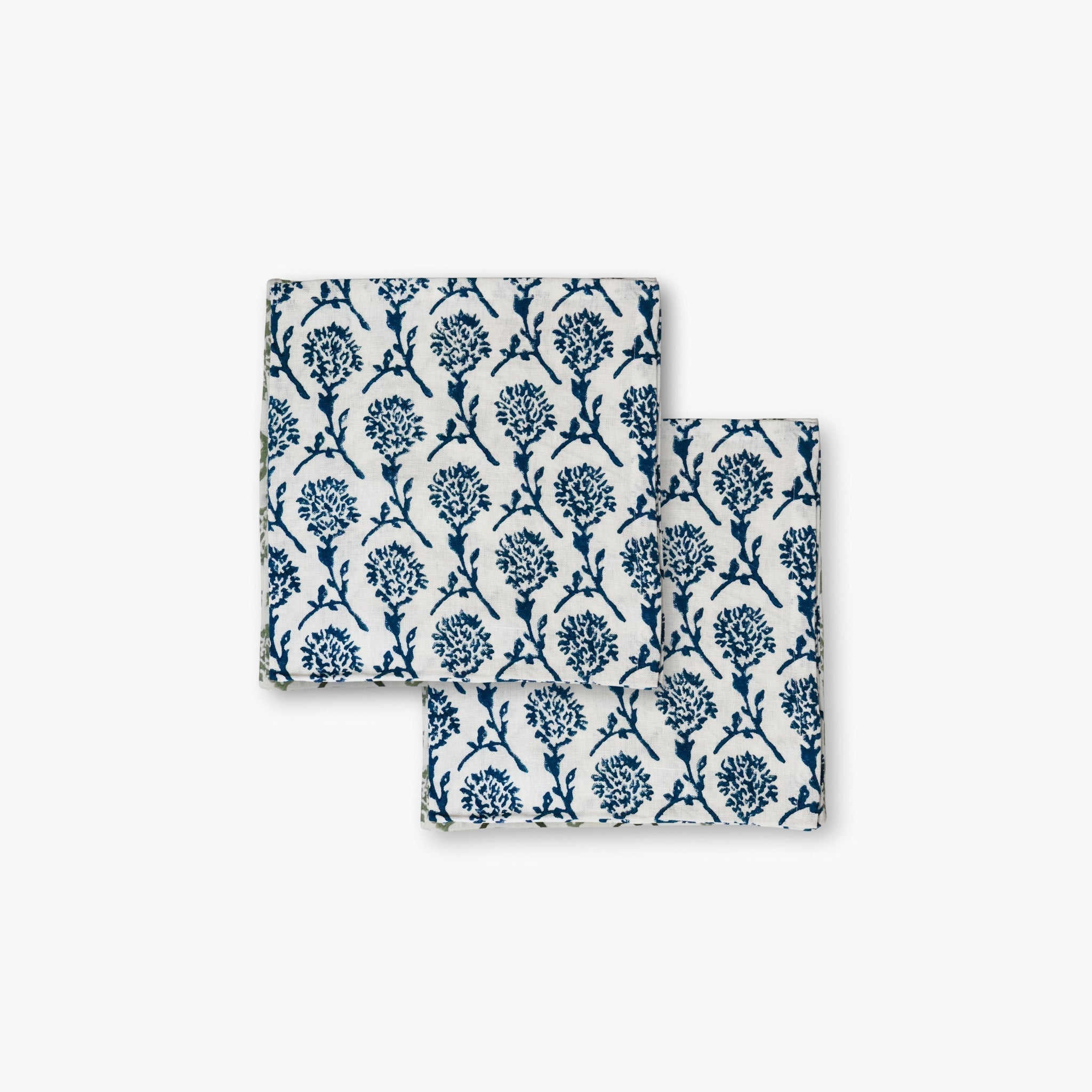 Set of two Azure Blue linen table napkins with floral and stripe hand-block printed design