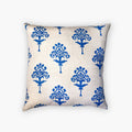 Blue Harmony artisan linen throw pillow cover with hand-block printed details on a stylish chair.
