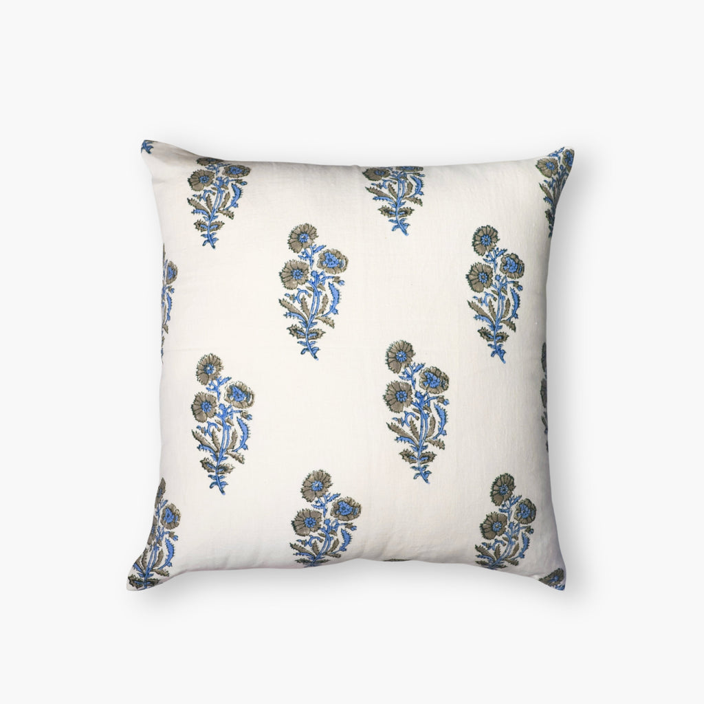 Firozi blue and off-white floral hand-block printed cotton throw pillow cover