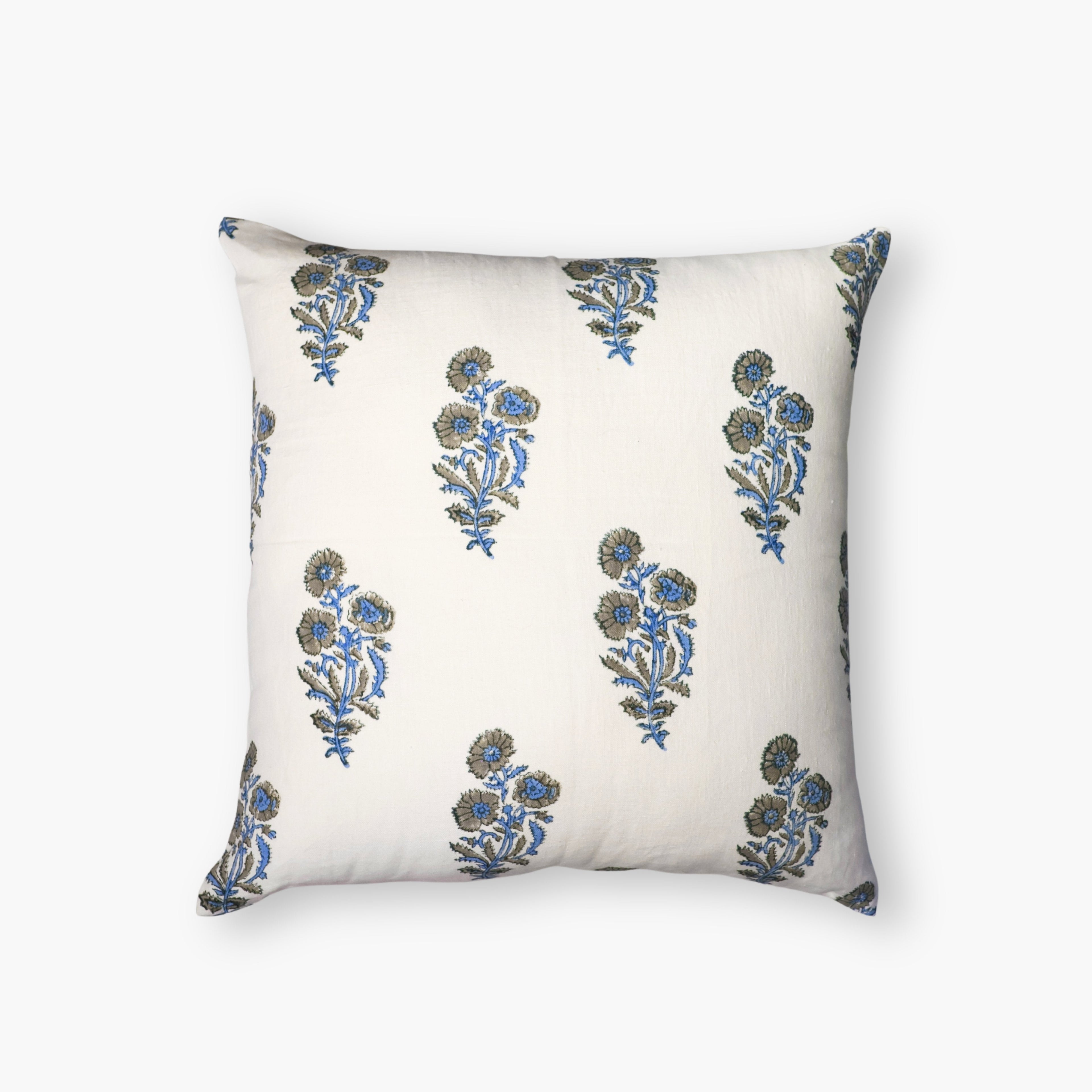 Firozi blue and off-white floral hand-block printed cotton throw pillow cover