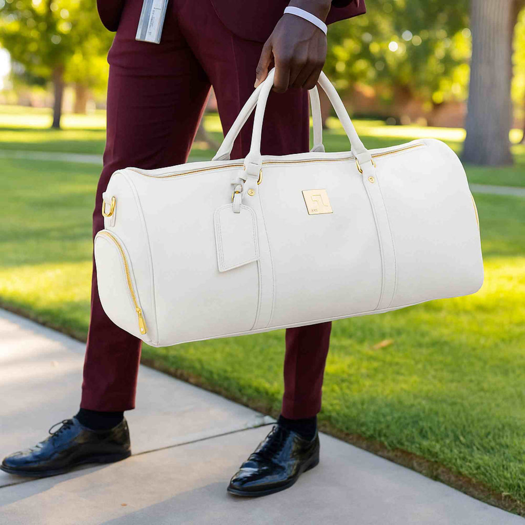 White Leather Weekender Duffle Bag with Dual Shoe Compartments