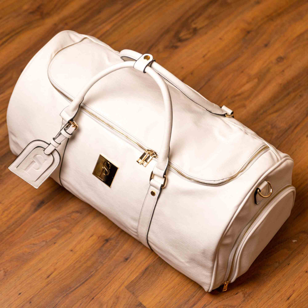 White Leather Weekender Duffle Bag with Dual Shoe Compartments