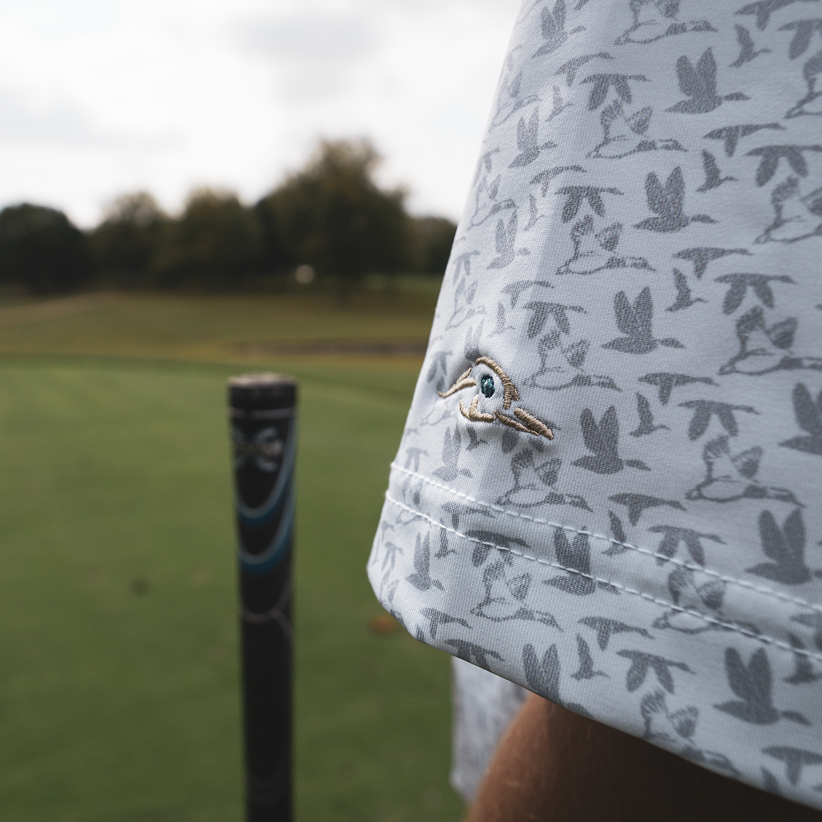 White Polo Shirt with Grey Flying Ducks Print Moisture Wicking
