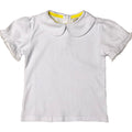 White short sleeve top featuring a Peter Pan collar with picot trim detail on the sleeve edges.