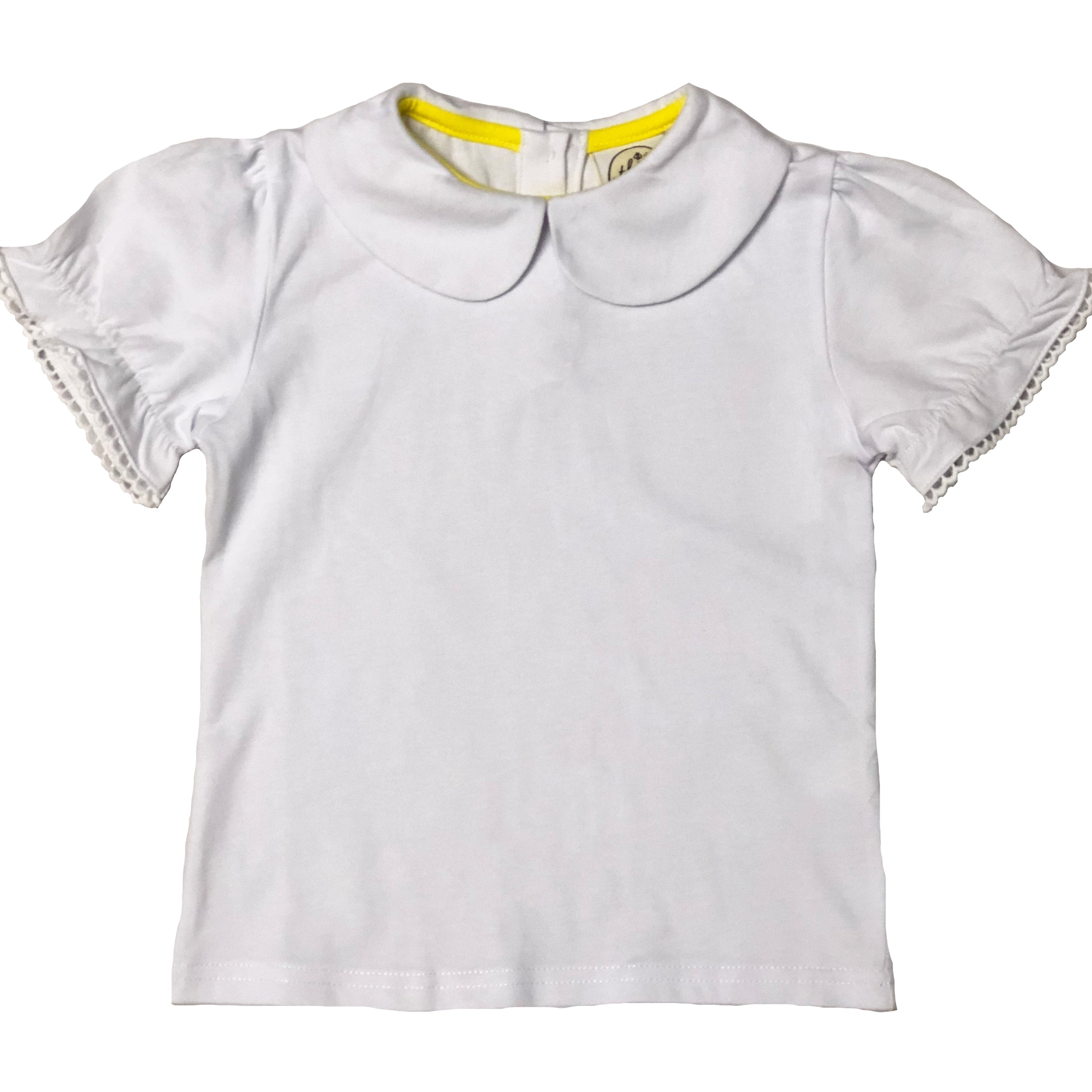 White short sleeve top featuring a Peter Pan collar with picot trim detail on the sleeve edges.