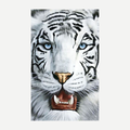 A large white tiger print beach towel measuring 40 by 70 inches laid flat.