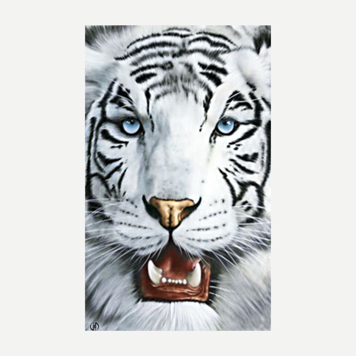 A large white tiger print beach towel measuring 40 by 70 inches laid flat.