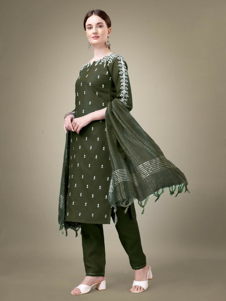 Women's Dark Green Cotton Blend Straight Kurta Set with Dupatta