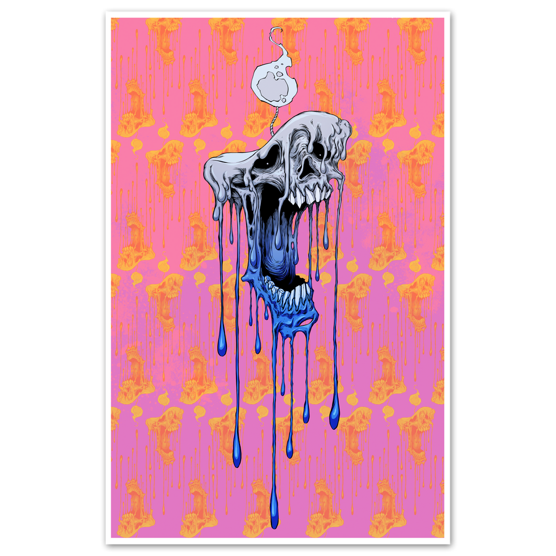 Wicked Out art print featuring a blue melting skull graphic on a pink background