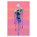 Wicked Out art print featuring a blue melting skull graphic on a pink background