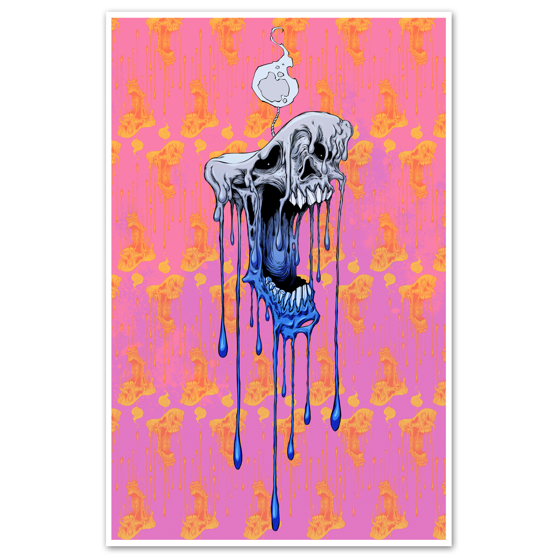 Wicked Out art print featuring a blue melting skull graphic on a pink background