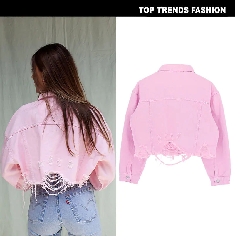 Women's Cropped Distressed Denim Jacket in Ghost Pink - Image 10