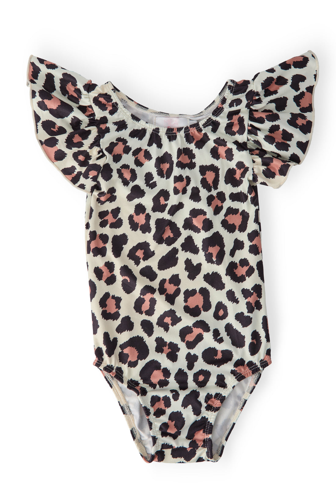 A toddler girl wearing a Wild One leopard print flutter sleeve leotard and a black tulle skirt in a ballet pose.