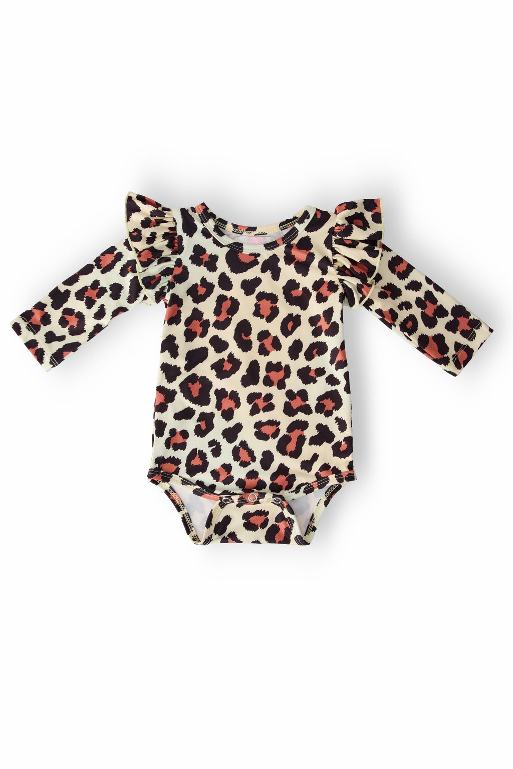 Baby wearing a long sleeve leopard print bodysuit with ruffled flutter shoulders
