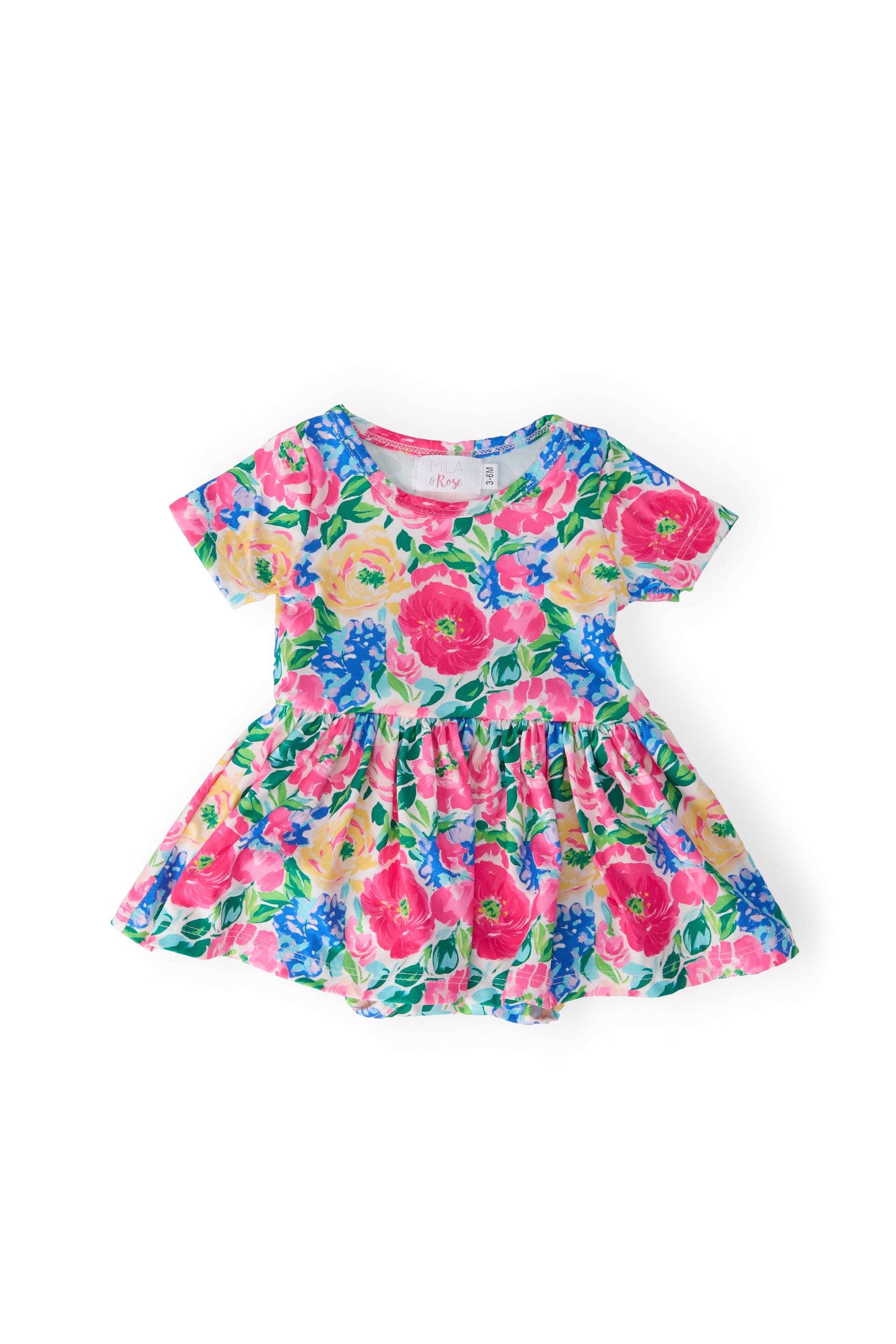 Baby girl wearing a wildflower floral print twirl bodysuit with short sleeves and bottom snap closure