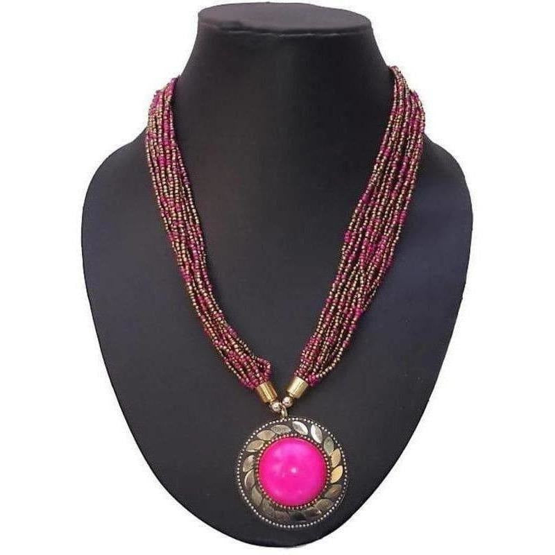 Close-up of a stylish pink beaded necklace for women
