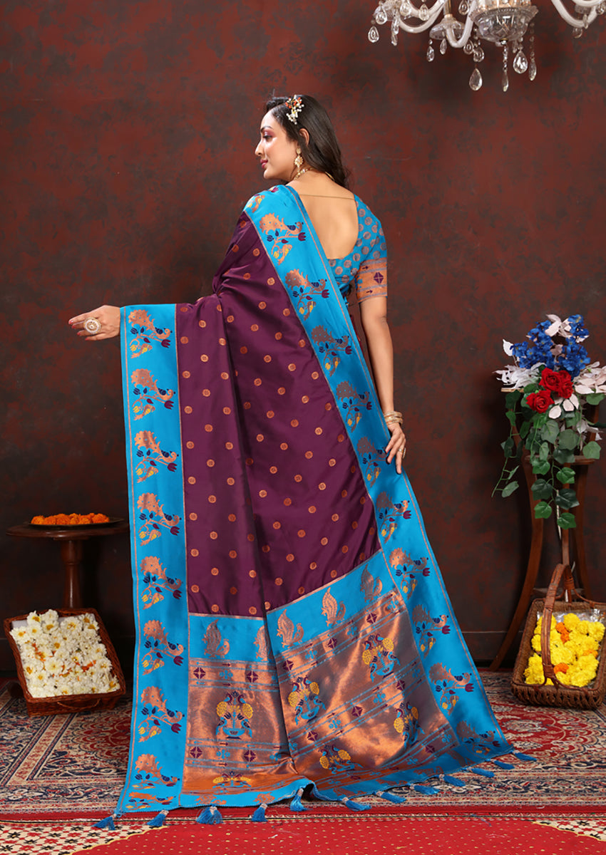 Wine Soft Paithani Silk Saree with Rich Zari Meenakari Weaving