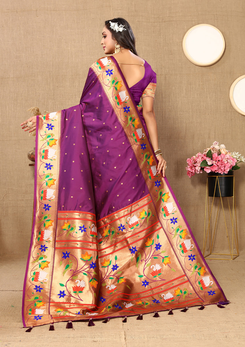 Wine Soft Paithani Silk Saree with Rich Zari Meenakari Weaving