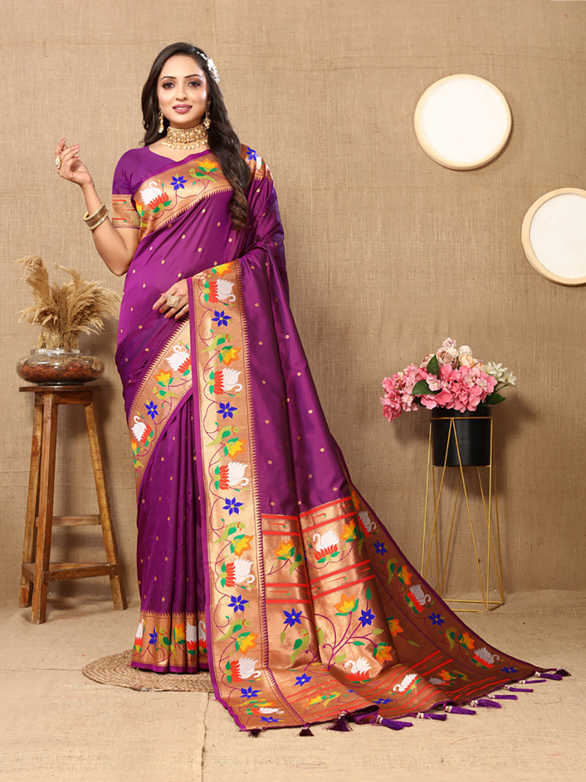 Wine Soft Paithani Silk Saree with Rich Zari Meenakari Weaving
