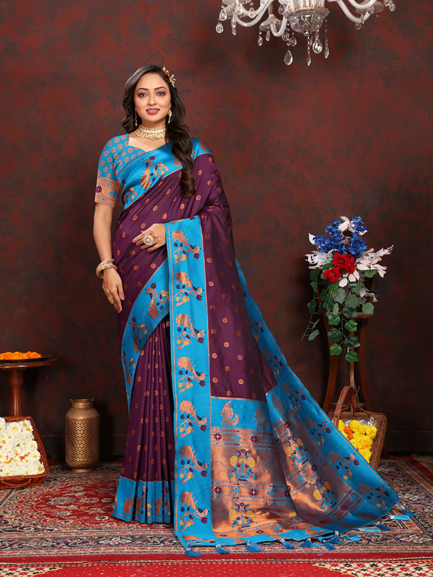 Wine Soft Paithani Silk Saree with Rich Zari Meenakari Weaving