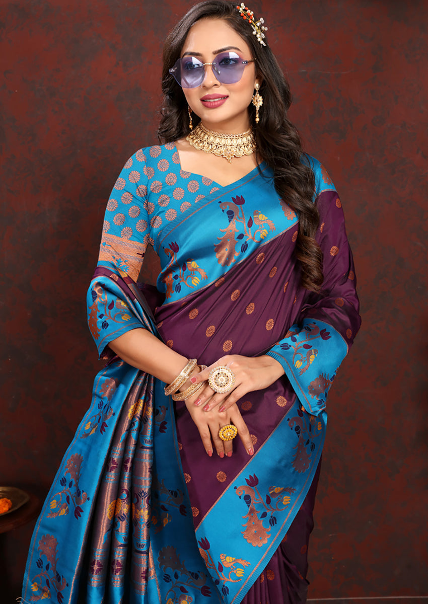 Wine Soft Paithani Silk Saree with Rich Zari Meenakari Weaving
