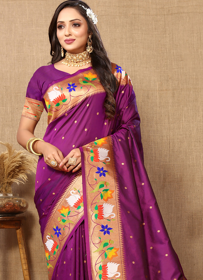 Wine Soft Paithani Silk Saree with Rich Zari Meenakari Weaving