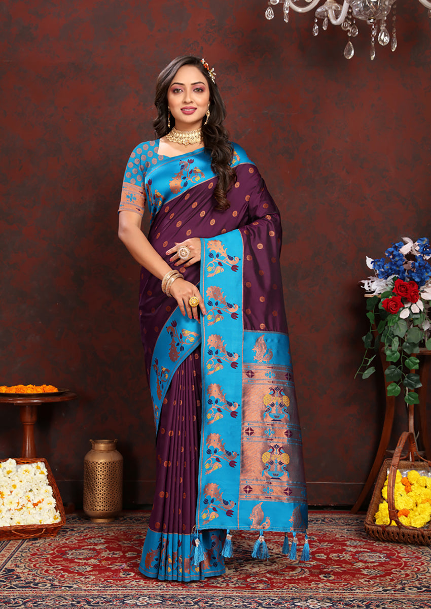 Wine colored Soft Paithani Silk saree with ornate Zari Meenakari weaving