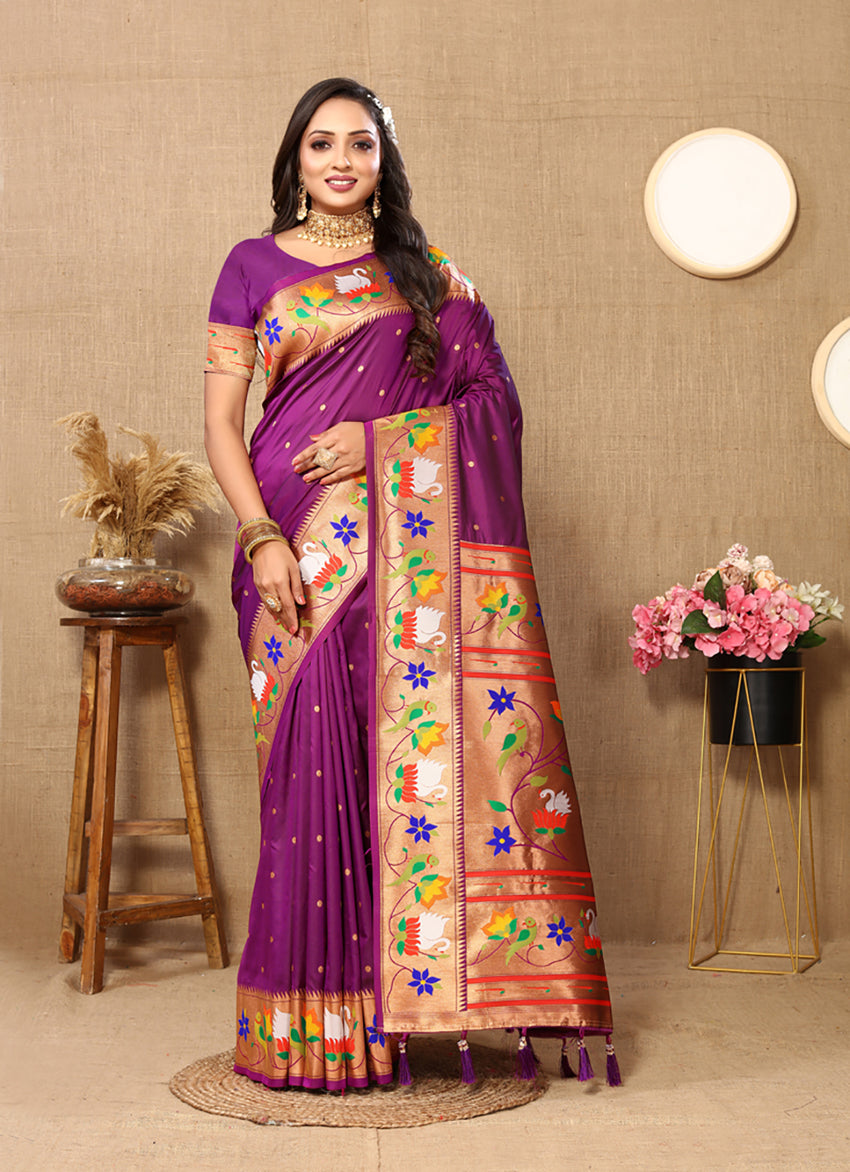 Wine-colored Soft Paithani Silk saree with detailed Zari Meenakari weaving