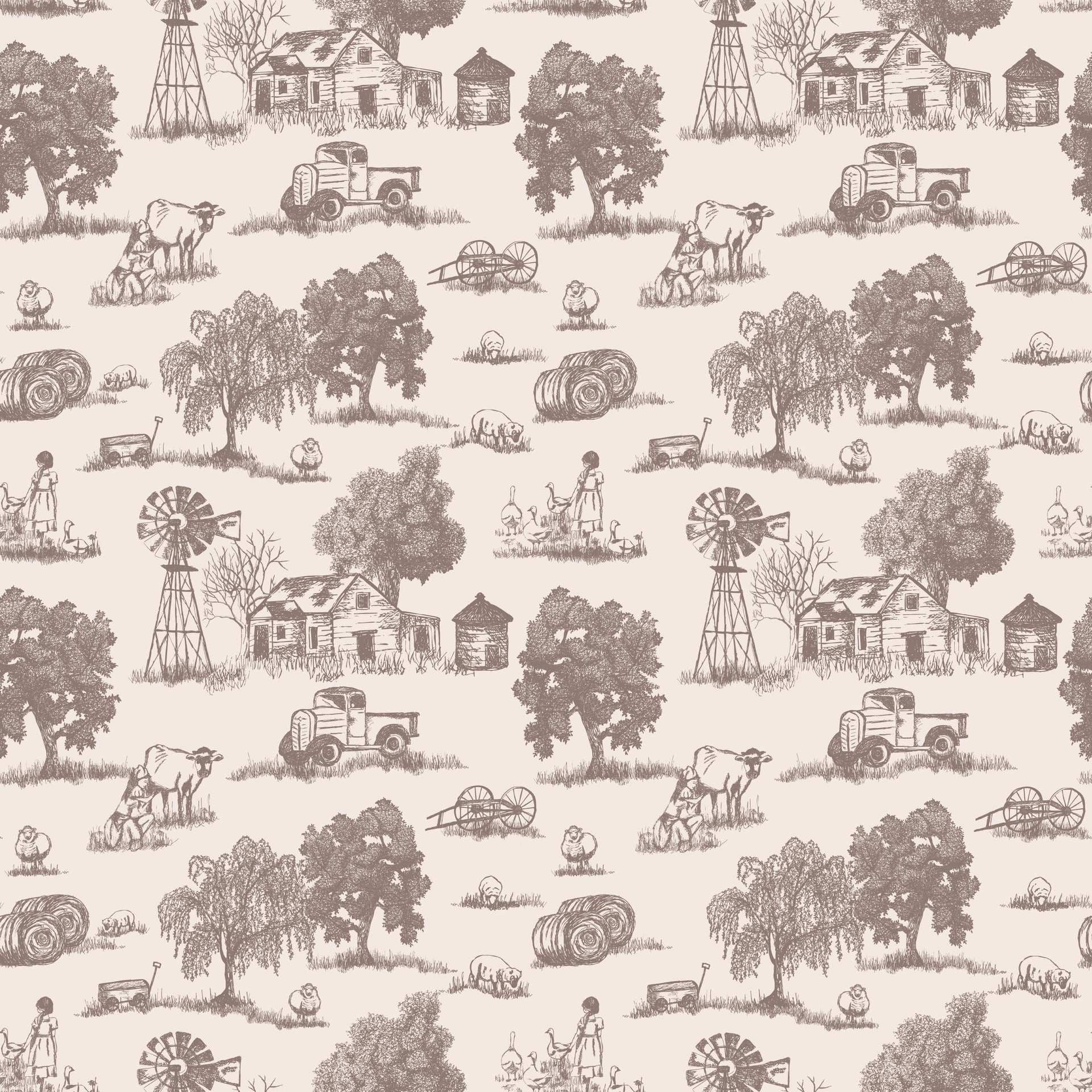 Winona Vintage Farmhouse Wallpaper in Grey and Off-White