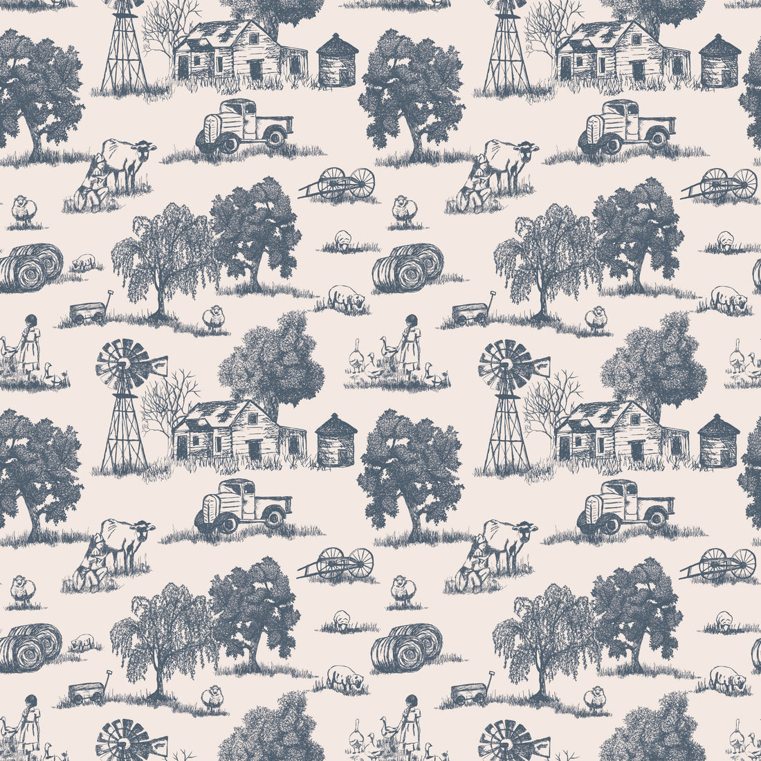 Winona Vintage Farmhouse Wallpaper in Grey and Off-White