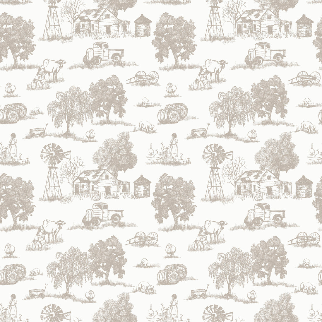 Winona Vintage Farmhouse Wallpaper in Grey and Off-White